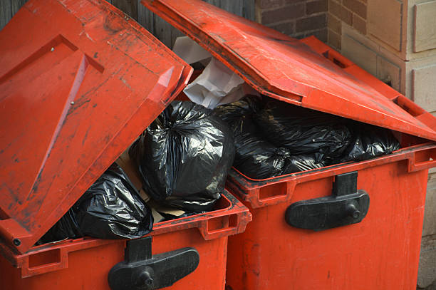 Wheelie Bins Two large wheelie bins packed to overflowing with rubbish. overflowing trash dumpster stock pictures, royalty-free photos & images