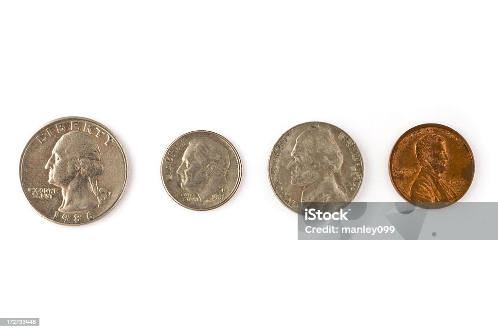 dirty moedas americanas isolado - Foto de stock de 25 centavos de dólar royalty-free