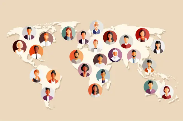 Vector illustration of People Portraits On World Map