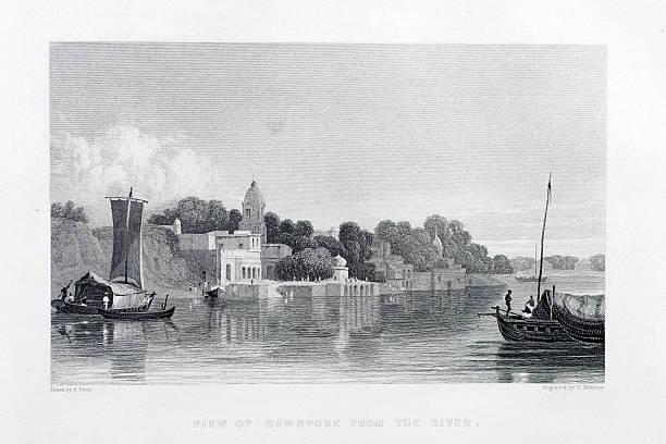 Cawnpore "View of Cawnpore, India from the river. Engraving from 1858, Engraver C Mottram Photo by D Walker" dhow stock illustrations