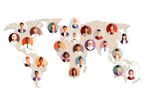 People icons in front of a world map. Population, Society, Social media and global communications concept.