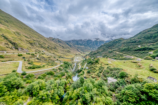 Wide angle view of the upper side of Formazza Valley (Piedmont, Northern Italy) from the edge of Morasco hydroelectrical dam, near the Italy-Switzerland border.