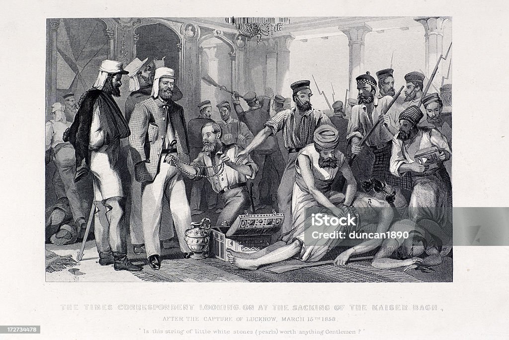 Looting Kaiser Bagh "The Times correspondent looking on at the sacking of the Kaiser Bagh after the capture of Lucknow, March 15th 1858. Engraving from 1858, Engraver Unkown Photo by D Walker" British Culture stock illustration