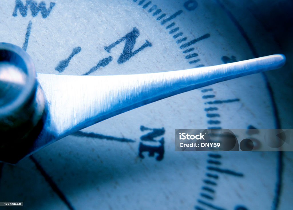 Close up of needle on directional compass A close up of a compass. Antique Stock Photo