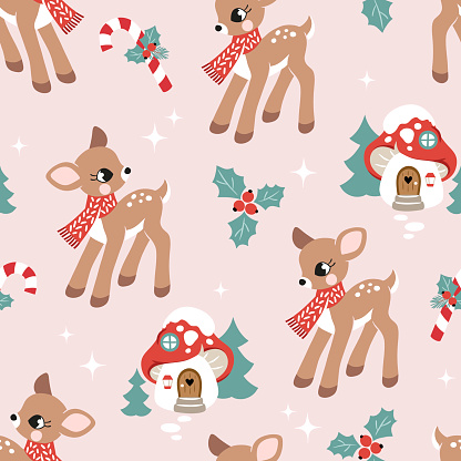 Seamless vector pattern with cute vintage Christmas fawn, poinsettia and berry. Perfect for textile, wallpaper or print design.