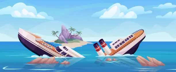 Vector illustration of Sinking ship. Maritime ships crash shipwreck accident in ocean, sink sea cruise broken boat crashing storm or collision with rock, marine background ingenious vector illustration