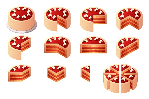 Cake parts. Isometric pie slices constructor, cartoon whole cakes cut on piece with creamy topping, pies fractions sliced pastry food, bakery desserts garish vector illustration of pie cake dessert