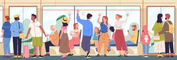 Vector illustration of Passengers inside public transport. Seated and standing characters ride in crowded wagon of underground subway, person with smartphone on train or tram, classy vector illustration