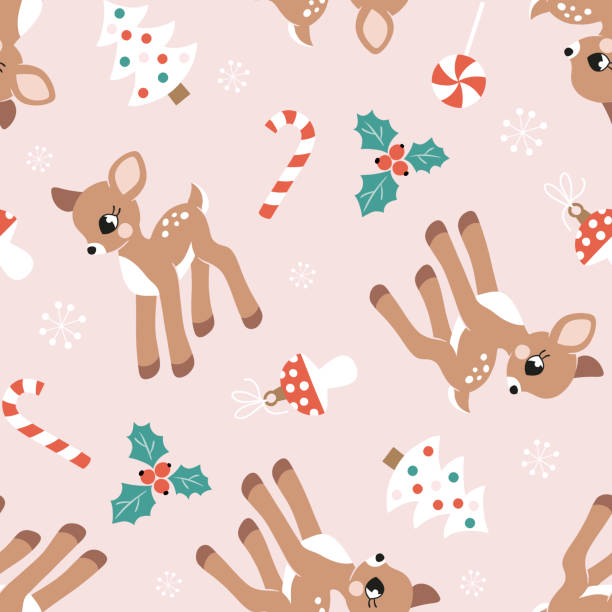 Seamless vector pattern with cute vintage Christmas fawn, poinsettia and berry. Perfect for textile, wallpaper or print design.