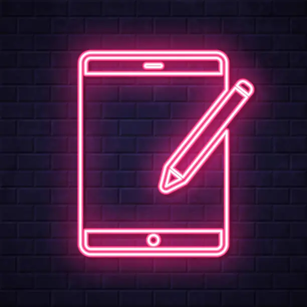 Vector illustration of Tablet PC with pen. Glowing neon icon on brick wall background