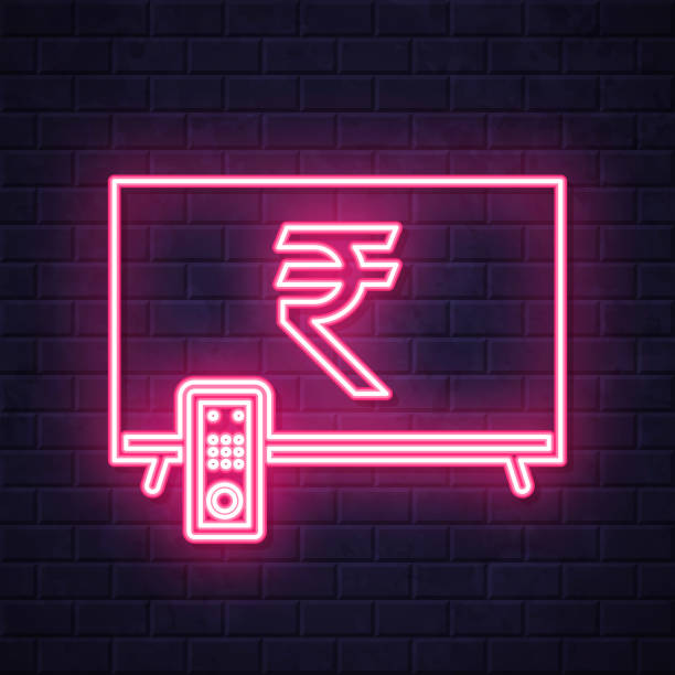 TV with Indian rupee sign. Glowing neon icon on brick wall background Icon of "TV with Indian rupee sign" in a realistic neon sign style. The icon is created with a pink glowing neon light on a dark brick wall. Modern and trendy illustration with beautiful bright colors. Vector Illustration (EPS file, well layered and grouped). Easy to edit, manipulate, resize or colorize. Vector and Jpeg file of different sizes. smart tv on wall stock illustrations
