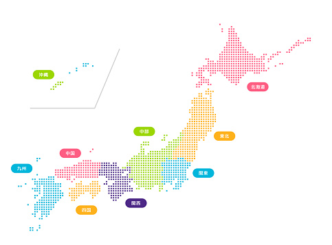 Vector illustration of Japan map (map drawn with square dots) | Different colors for each region