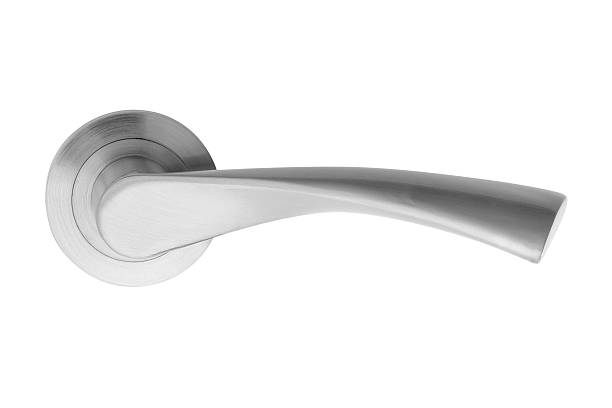silver steel door handle isolated on white, studio shot - deurknop stockfoto's en -beelden