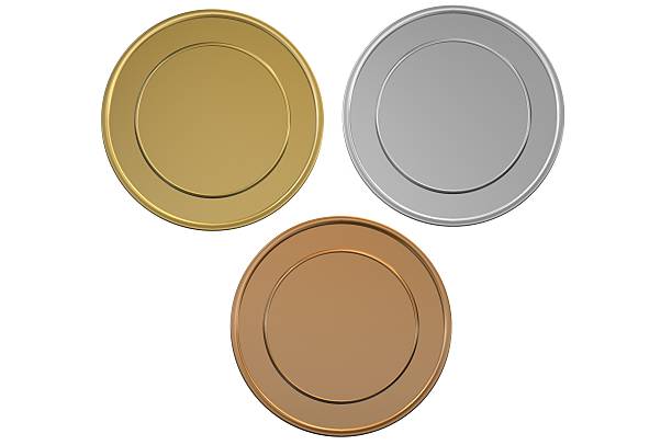 Gold Silver and Bronze blank medals/coins "High Quality 3d render with ray traced textures and HDRI lighting - Blank Gold, Silver and Bronze medals/coins." gold medal stock pictures, royalty-free photos & images
