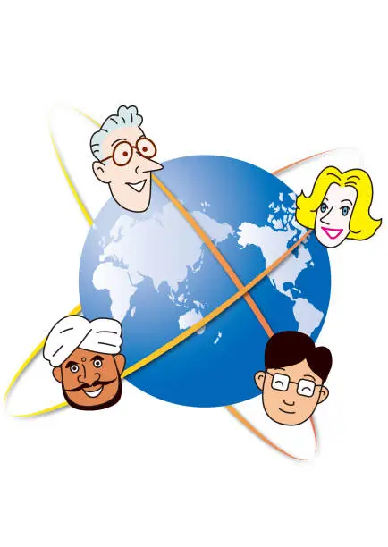 Vector illustration of Network world of people of various ethnicities around the world