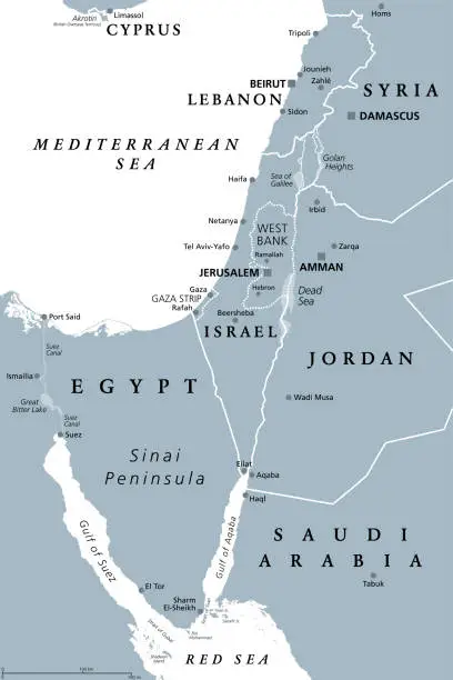 Vector illustration of Israel and the Sinai Peninsula, the Southern Levant, gray political map