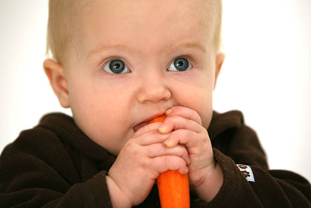 baby mit a carrot-englische redewendung - baby carrot stock-fotos und bilder