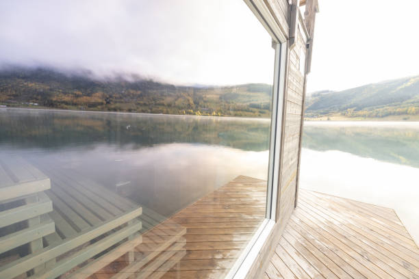 Floating sauna on a lake, relaxation