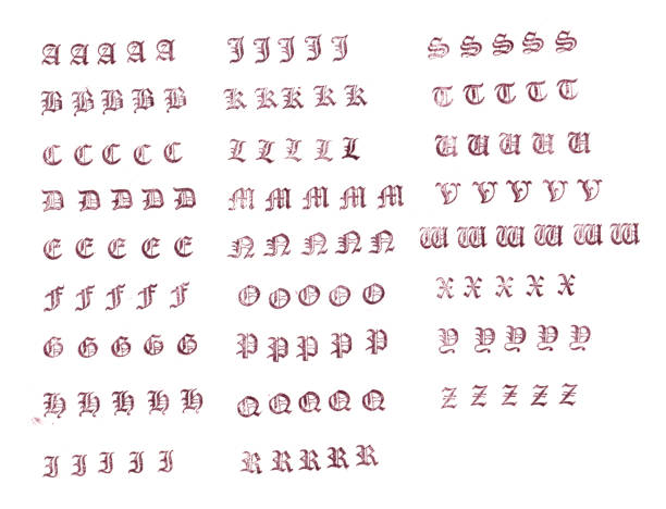 알파벳-늙음 활판 인쇄 대문자 a에서 z - rubber stamp typescript alphabet letterpress 뉴스 사진 이미지