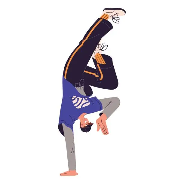 Vector illustration of Dancer perform breakdancing, contemporary motions. Young man in hiphop pose handstand. Modern performer in cap dance break. Freestyle street performance. Flat isolated vector illustration on white