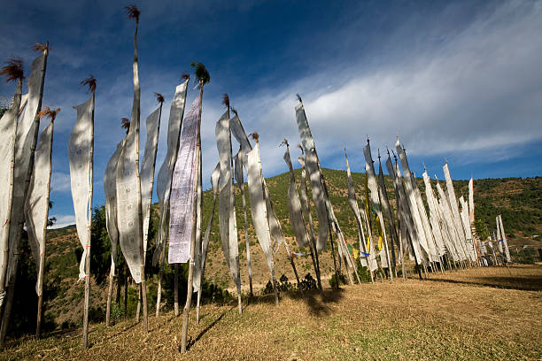 buddhistische gebet flags - bhutanese flag stock-fotos und bilder