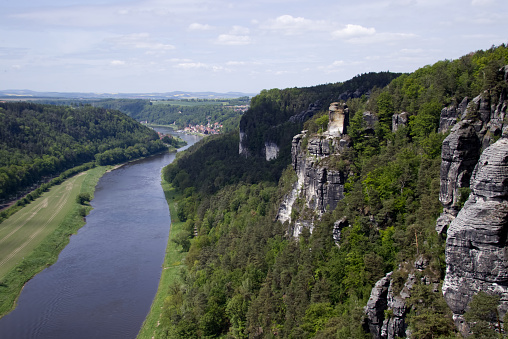 A rocky cliff peeks out from a coniferous forest and the Elbe river in the German national park Saxon Switzerland