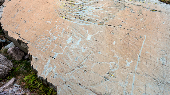 Merveilles Valley, Mercantour National Park, Tende, Alpes-Maritimes, France - september 13 2023 : Detail of prehistoric engravings in the Vallée des Merveilles in the Mercantour Massif