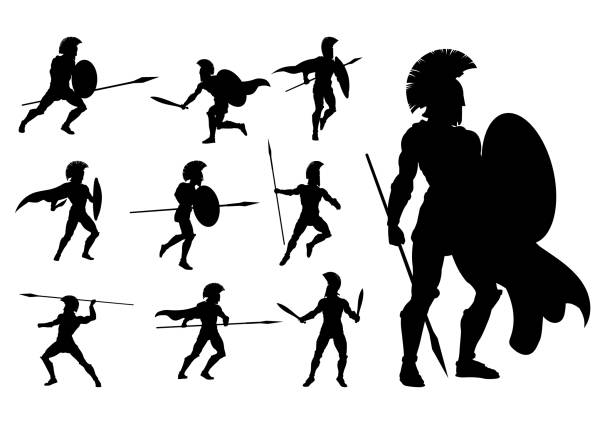 Spartan Silhouette Gladiator Trojan Warrior Set A set of Spartan or Trojan ancient Greek hoplite warrior silhouettes. Could also be Roman gladiators. spear icon stock illustrations