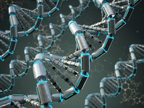 Futuristic artificial DNA strand among organic models. Medical innovation and technology concept.