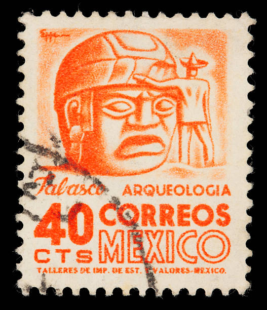 Mexico Olmec stone head stamp "1951 Mexican postage stamp depicting an Olmec stone head, in Tabasco, Mexico.  Canon 40D with 100mm macro; no sharpening." olmec head stock pictures, royalty-free photos & images