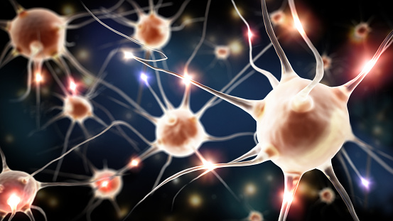 Conceptual illustration of neuron cells with glowing connection nodes in abstract dark space. Medical innovation and technology concept.