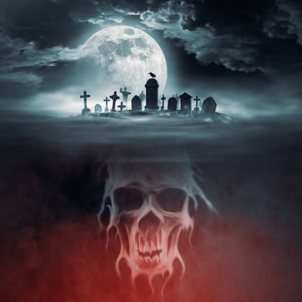 istock Creepy horror cemetery at night and skull 1727437132