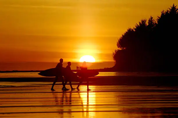 "3 surfers walking with surfboards at sunset on a beach in Tofino, BC, Canada. Camera: Fuji S2"