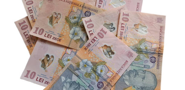 istock Stack of romanian polymer banknotes, romanian RON currency on white background 1727440958
