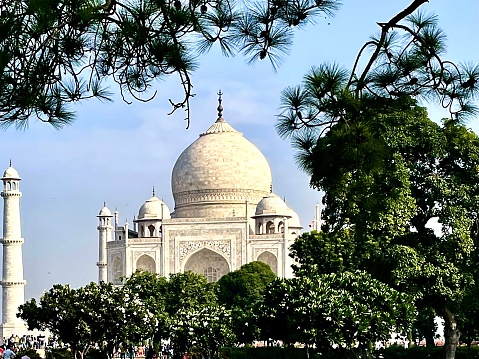 The photo captures the Taj Mahal from a distance, framed against the lush of the Mughal Garden. The monument stands gracefully amidst the vibrant greenery, its white marble facade contrasting beautifully with the rich, natural hues of the surrounding foliage.\n\nThe Taj Mahal appears almost ethereal in the distance, its majestic domes and minarets rising above the intricate patterns of the Mughal Garden. The play of light and shadow adds depth to the scene, enhancing the grandeur of the monument.\n\nIn the foreground, the Mughal Garden comes to life, with the ancient trees providing a picturesque setting. The harmony between the architectural marvel and the verdant landscape creates a captivating tableau, capturing the essence of the Taj Mahal's timeless allure within the embrace of nature.