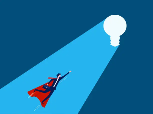 Vector illustration of Businessman hero flies to light bulb icon. Vector