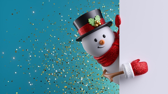 3d render, snowman looks out the corner, gold glitter confetti over the blue background. Christmas greeting card template with copy space. Seasonal holiday wallpaper