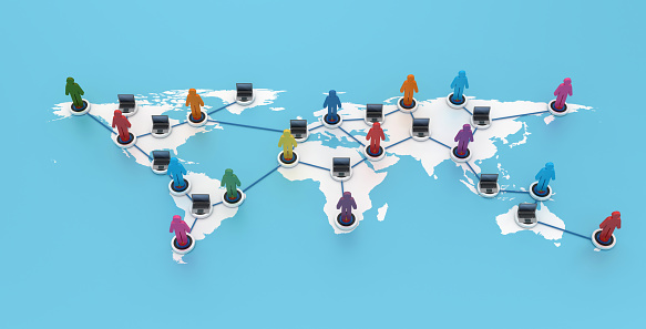 Pictogram People Teamwork with Laptops on World Map - Color Background - 3D Rendering
