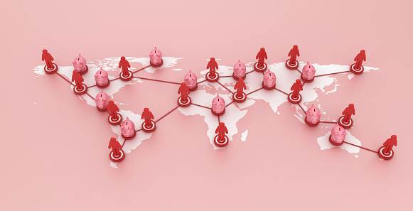 Pictogram People Teamwork with Piggy Bank on World Map - Color Background - 3D Rendering
