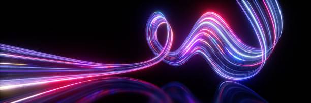 istock 3d render. Abstract neon background. Fluorescent ines glowing in the dark room with floor reflection. Virtual dynamic curvy ribbon. Fantastic panoramic wallpaper. Digital data transfer. Energy concept 1727453635