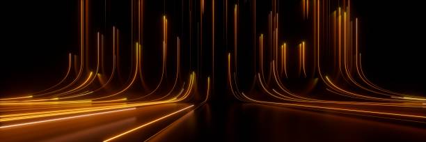 istock 3d render, abstract neon wallpaper. Yellow glowing lines over black background. Streaming energy 1727454201