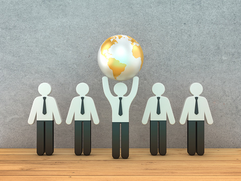 Pictogram People Teamwork with Globe World Map - Backdrop Background - 3D Rendering