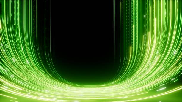 istock 3d render, abstract wallpaper. Green neon lines over black background. Streaming energy. Particles moving and leaving glowing tracks 1727454760