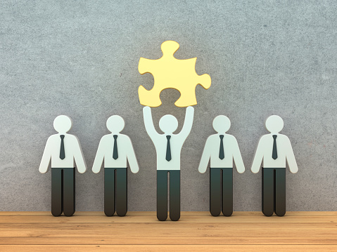 Pictogram People Teamwork with Puzzle - Backdrop Background - 3D Rendering