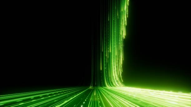 istock 3d render, abstract wallpaper. Green neon lines over black background. Streaming energy. Particles moving and leaving glowing tracks 1727454804
