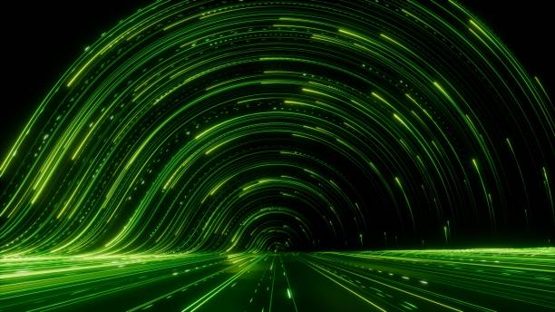 istock 3d render, abstract neon wallpaper. Green glowing lines over black background. Streaming energy. Particles moving and leaving tracks 1727455324
