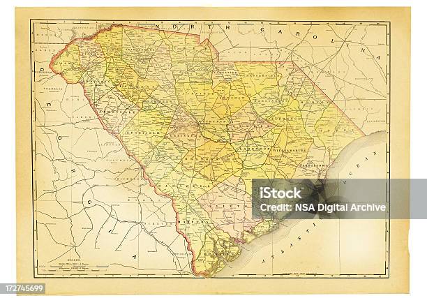 Южная Каролина Античный Карта — стоковая векторная графика и другие изображения на тему Антиквариат - Антиквариат, Без людей, Бумага