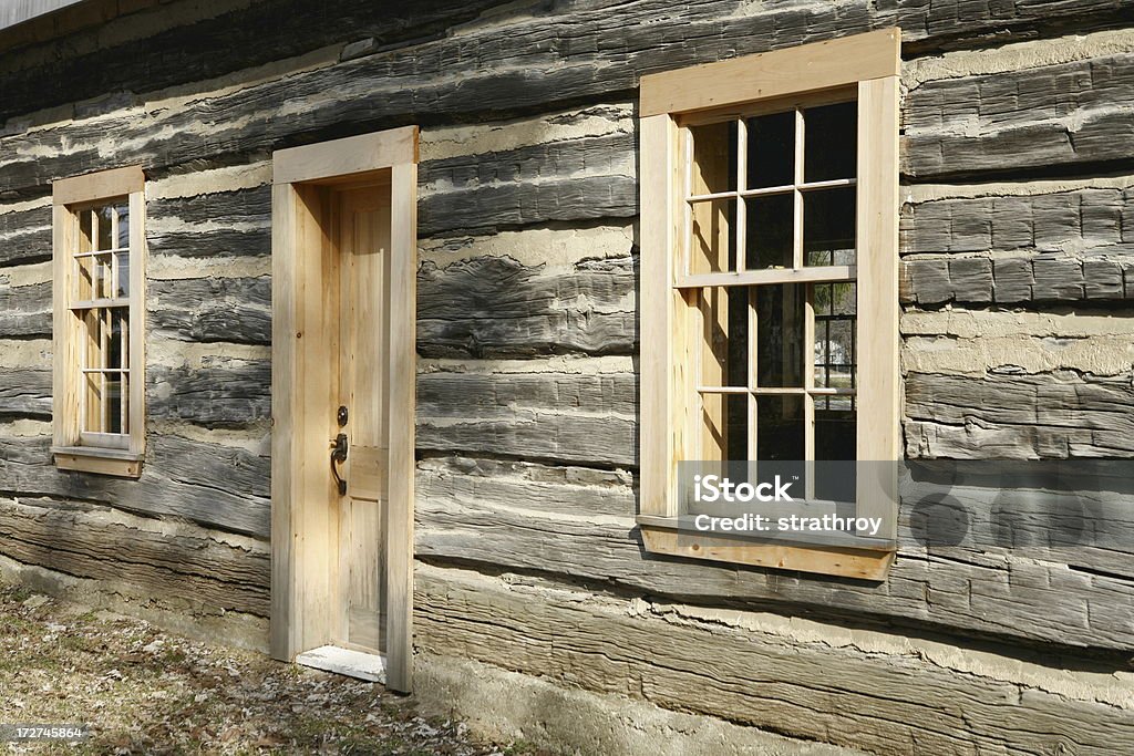 Angled view of pioneer home Log home exterior Abstract Stock Photo