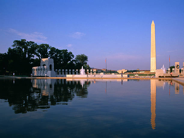Looking at the World War II memorial fountain with the Washington Monument in the background