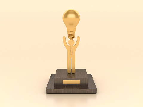 Pictogram Person with Light Bulb Trophy - Color Background - 3D Rendering